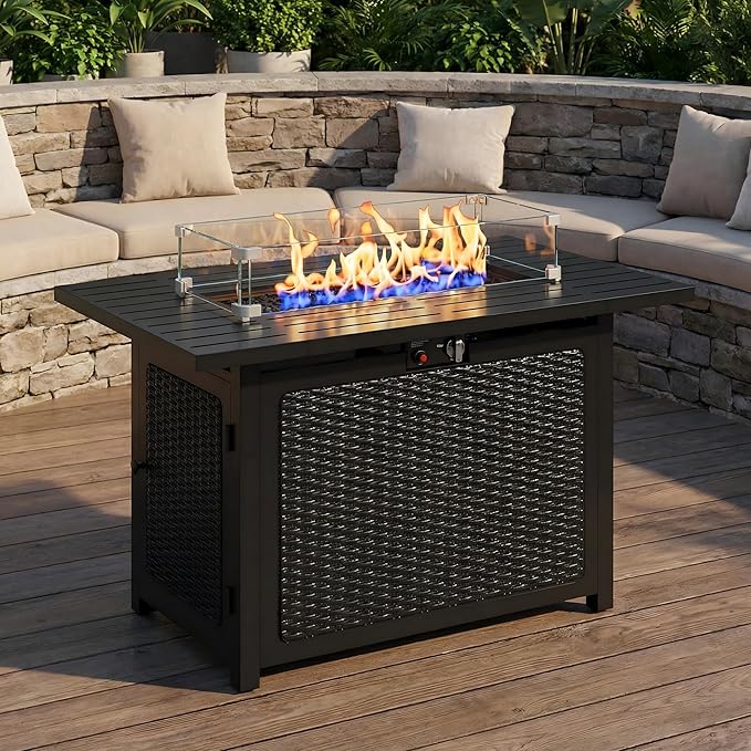 Wisteria Lane 43" Propane Fire Pit Table, 50,000 BTU Gas Fire Pit for Outside, Outdoor Fire Pit with CSA Certification, Rattan-Like Wicker Look for Patio Deck Garden Backyard Balcony
