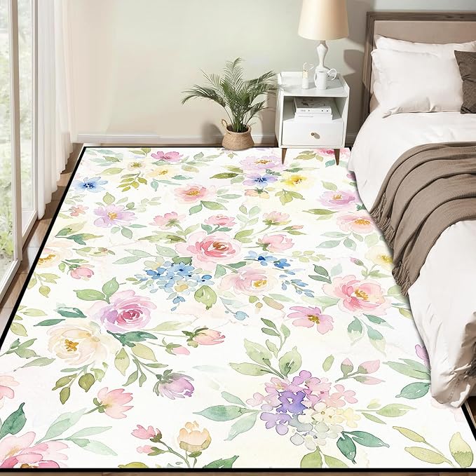 Watercolor Floral Rug 6'x9' Soft Pastel Botanical Area Rug for Entryway Bedroom Living Room Nursery Kitchen Playroom Home Decor Low Pile Non-Slip Washable Carpet