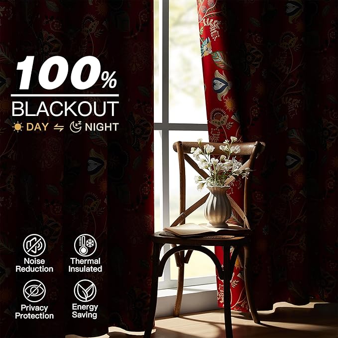 XiDi Vintage Floral Curtains 90 Inches Long for Bedroom Living Room Red Patterned Blackout Curtains 2 Panels Thermal Insulated Luxury Curtains Flower Botanical Leaf Printed Grommet Drapes Red 52x90