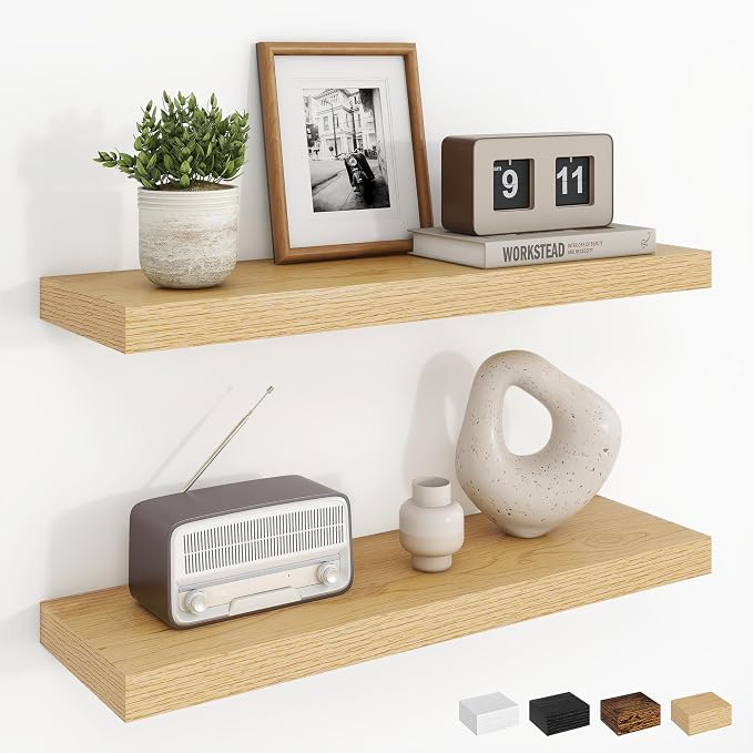 Dreamland 24Inch Floating Shelves for Wall, Rustic Wooden Floating Shelves for Bathroom|Bedroom|Kitchen, 2 Pack Deep Wall Mounted Book Shelf, Wood Storage Display Shelf for Home Decor, Oak