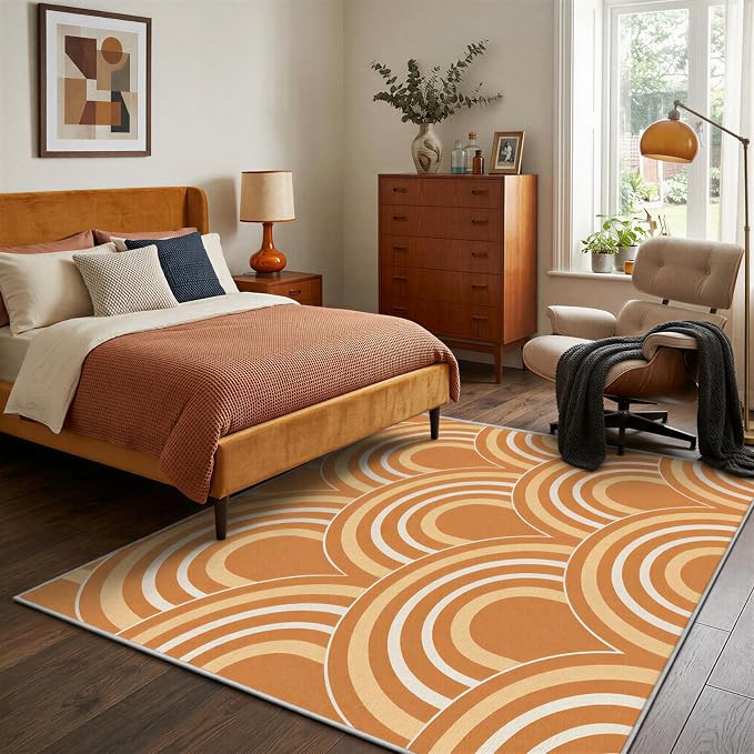 Terracotta Arch Area Rug 3 x 4 ft, Mid-Century Modern Geometric Rug, Burnt Orange Cream Abstract Washable Rug, Soft Low Pile Non-Slip Carpet for Living Room Bedroom