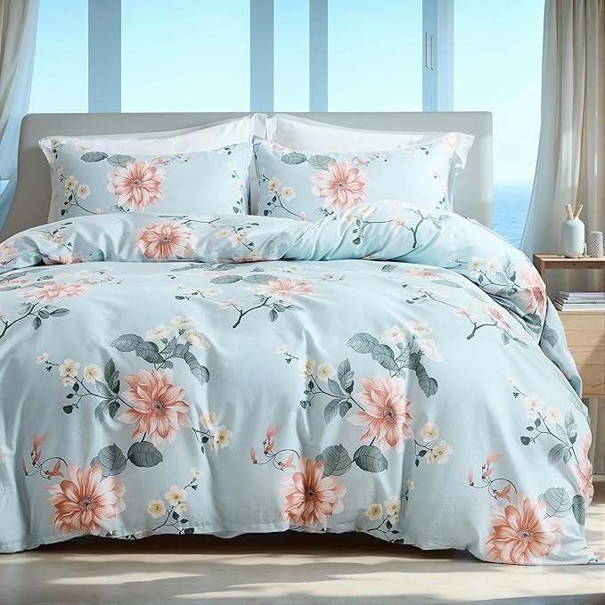 Blue Floral Duvet Cover Queen Size 100% Soft Cotton 3 Pieces French Country Chic Garden Style Luxury Blossom Floral Vibrant Pattern Reversible Flower Duvet Cover with Zipper Closure