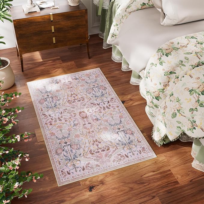 AMTOVO 2x3 Washable Entryway Area Rug Door Mat, Vintage Boho Floral Distressed Print Non-Slip Carpet, Small Throw Rug for Indoor Entrance Kitchen Bedroom Bathroom Laundry Floor, Pink