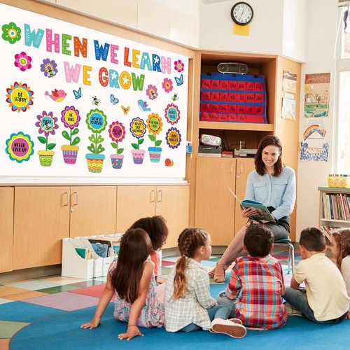 Skiennix 82-Pcs Summer Flower Growth Mindset Bulletin Board Set - Colorful Floral Cutouts for Classrooms