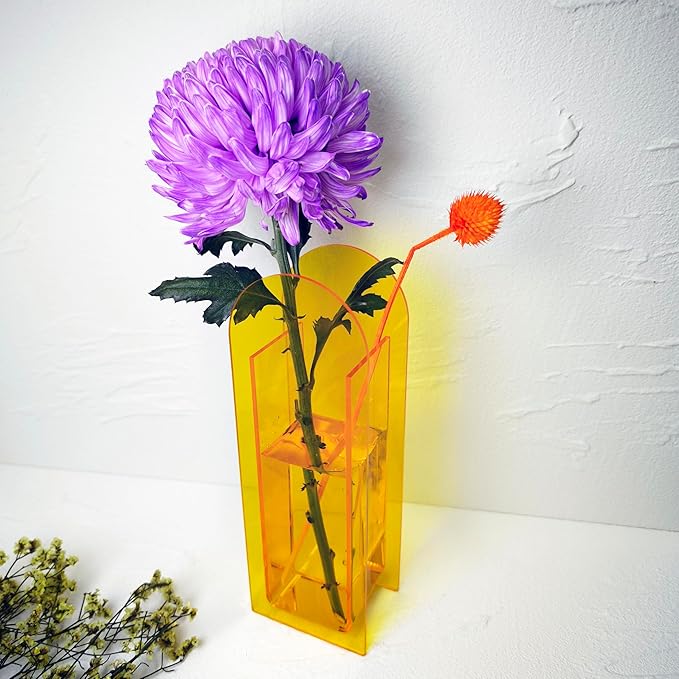 Acrylic Vase Creative Gifts Minimalist Design Wedding Centerpiece Home Office Decor Elegant Floral Display Stand(Not Including Flowers) (Full-Yellow, 1PCS)