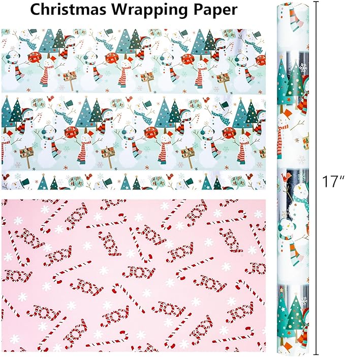 MAYPLUSS Snowman Christmas Wrapping Paper, Metallic Foil Reversible Winter Wonderland Festive Gift Wrap with Snowmen and Candy Cane Design for Present, Holiday Gift Packaging (17 Inch X 33 Feet)