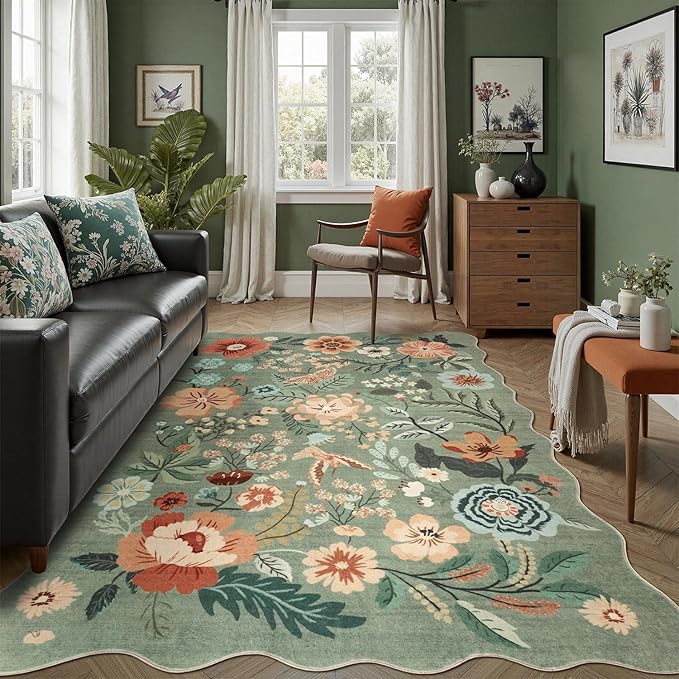 DCX Vintage Floral Rug 4x6, Washable Sage Green Rug for Living Room, Kid & Pet Friendly with Rubber Back Non Slip, Soft Low Pile Carpet, Stain Resistant Rug for Bedroom, Nursery, Dining Room