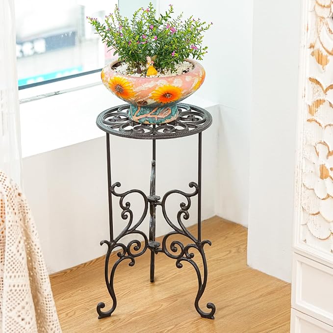 Sungmor Heavy Duty Cast Iron Potted Plant Stand,19.3-Inch 1 Tier Metal Planter Rack,Decorative Flower Pot Holder,Vintage & Rustic Style Indoor Outdoor Garden Pots Container Supports
