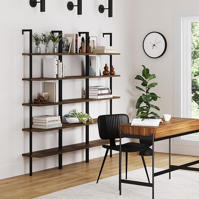 Nathan James Theo 5-Shelf Wood Modern Bookcase, Open Wall Mount Ladder Bookshelf with Industrial Black Metal Frame, Reclaimed Oak, Set of 3