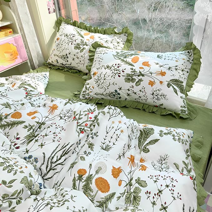 Botanical Floral Duvet Cover with Green Ruffle 100% Cotton Vibrant Flower Duvet Cover Twin XL Girls Princess Romantic Lace Comforter Cover Coquette Flower Bedding Set Floral Comforter Cover Twin XL