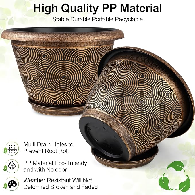 12 Inch Large Planter Pot for Plants Indoor Outdoor, 4 Pack Plastic Flower Pots with Drainage Hole & Tray, Modern Decorative Garden Pot with Saucer, Plant Container for House