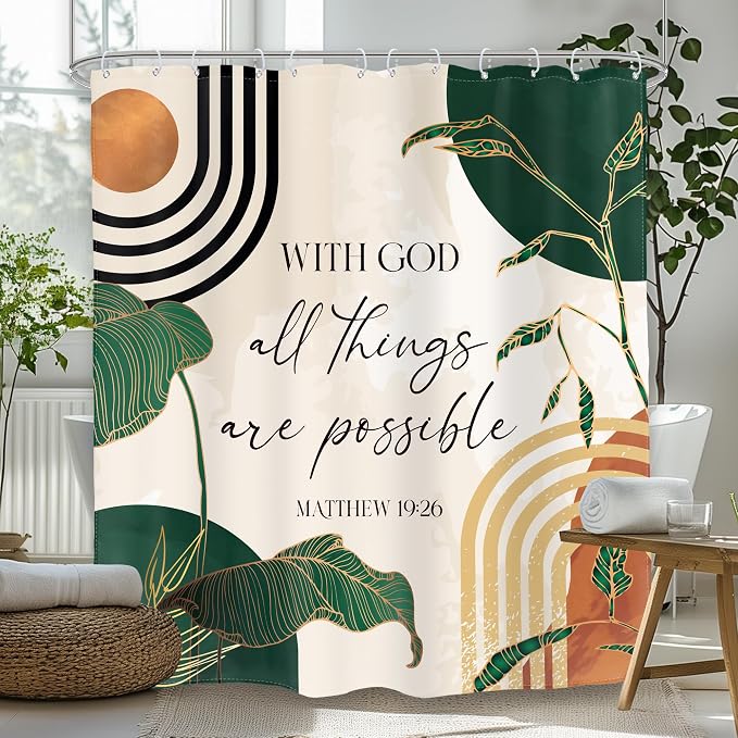 Glawry Green Boho Bible Verse Shower Curtain Christian Scripture Inspirational Quotes Abstract Tropical Palm Bathroom Mid Century 60Wx72L Inches Bath Accessories Art Home Decor Fabric 12 Hooks