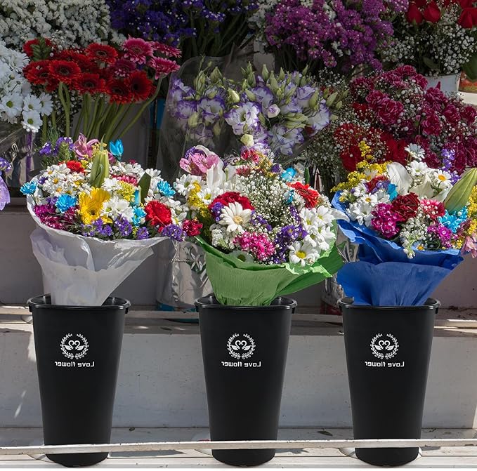 20 Inch Plastic Large Wedding Flower Bucket, 4-Pack Farmhouse French Flower Buckets, Black