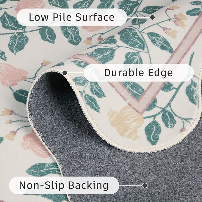 DCX Pink Botanical 5x5 Rug, Machine Washable Non Slip Stain Resistant Carpet, Kid & Pet Friendly Low Pile Floral Scalloped Rug for Living Room, Bedroom, Home Office
