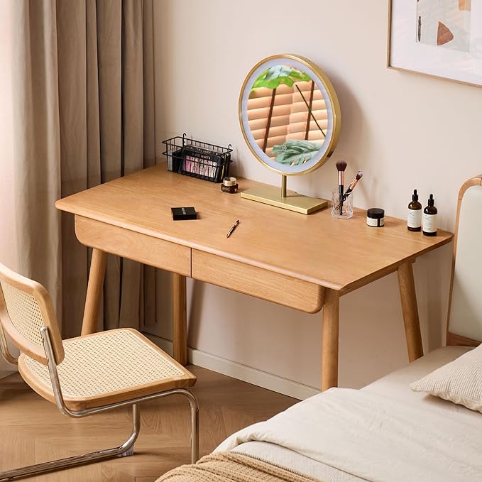 Solid Wood Desk, Mid Century Modern Home Office Desk, Computer Desk with Drawer for Writing Study Vanity 47.24" W