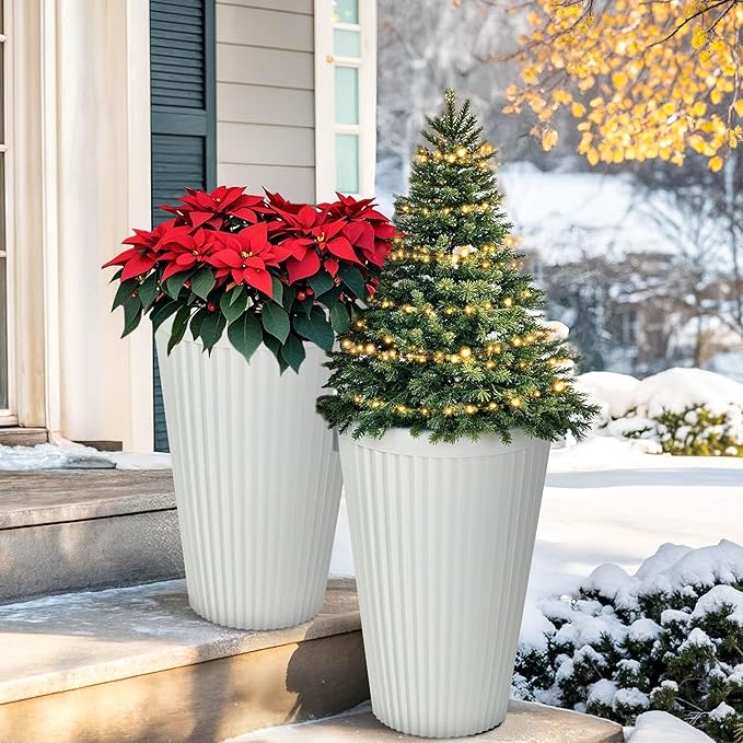 Set of 2 Heavy-Duty Outdoor Planters for Wedding, 20" Tall Planters for Indoor Plants, Large Fluted Flower Pots, Weather-Resistant for Garden, Patio, Porch or Living Room Decor