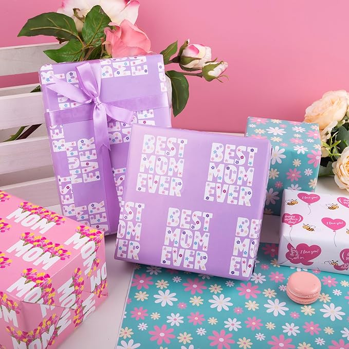 Altarho Mother's Day Wrapping Paper Sheet for Mom Women - Floral Best Mom Ever Words Design Folded Flat for Mother's Day Birthday Party - 20 Inch X 28 Inch Per Sheet(8 Sheets)