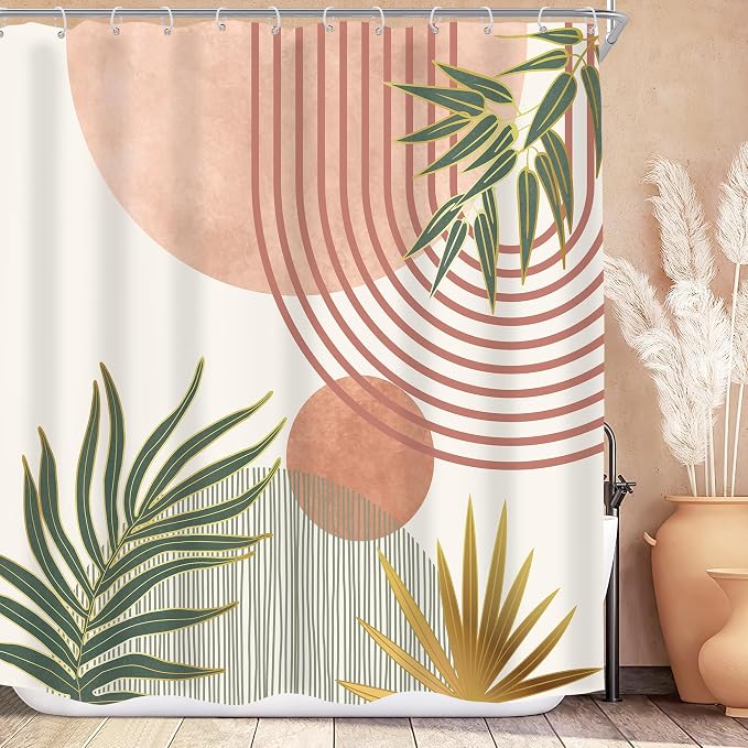 KOMLLEX Mid Century Pink Green Boho Shower Curtain 72Wx72L Inches Abstract Modern Shower Curtains for Bathroom Orange Gold Botanical Minimalist Arch Sun Fabric Liner Waterproof Polyester 12 Pack Hooks