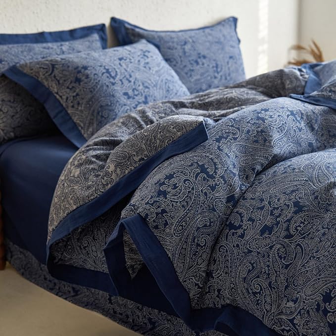 Full Duvet Cover Vintage Blue Floral Duvet Cover Boho Paisley Bedding Set Linen Cotton Yarn-Dyed Textured Duvet Cover with Zipper Closure Reversible Paisley Flower Comforter Cover with 2 Pillowcases