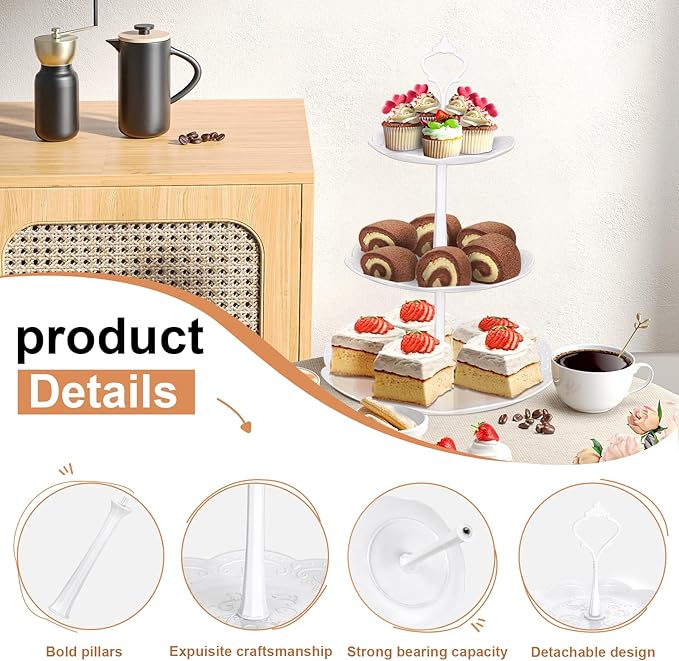 10 Pcs Cake Stand White Plastic Dessert Table Display Set 4 Pcs 3 Tired Cupcake Stand Cookie Tray Rack Serving Tray Cake Display Tower and 6 Pcs Dessert Trays for Wedding Baby Shower Tea Party (White)