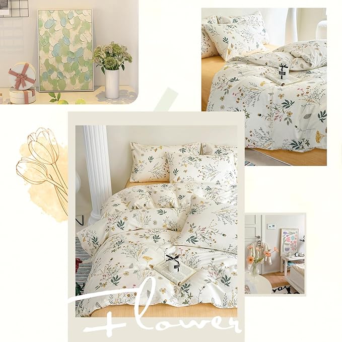HighBuy Floral Duvet Cover Queen Boho Cozy Cotton Aesthetic Coquette Bedding Set Queen Yellow Flower Botanical French Style Comforter Cover with Zipper Soft Lightweight Duvet Cover Set for Queen Bed