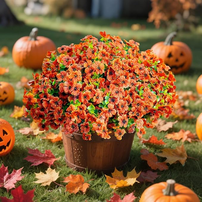 Artificial Fake Plants Flowers for Outdoor Fall Autumn Decoration，16 Bundles Fake Plants UV Resistant No Fade Faux Plastic Greenery Boxwood Porch Patio Fall Mums Home Decor