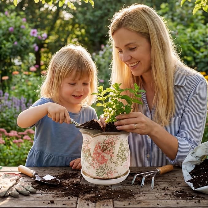 Ceramic-Planters-for-Indoor-Plants with Saucer, 6 inch Vintage Ice Crackle Glaze Plant Pots with Drainage Holes, Decorative Flower Pots for Outdoor Garden Home Decor, Tuscan Pot for Plant