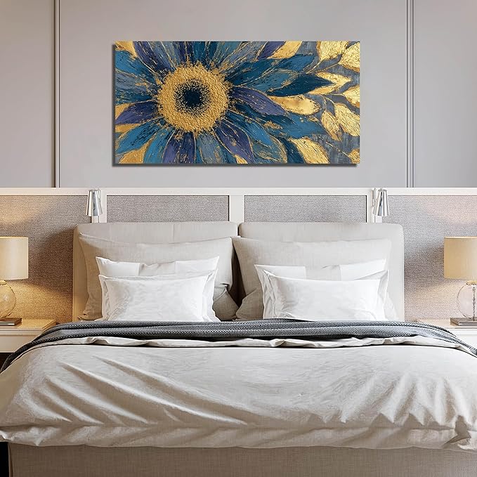 JuhaiArt Gold Wall Decor Blue Floral Wall Picture Canvas Sunflower Abstract Flower Wall Art for Living Room Bedroom Home Office 24" x 48"