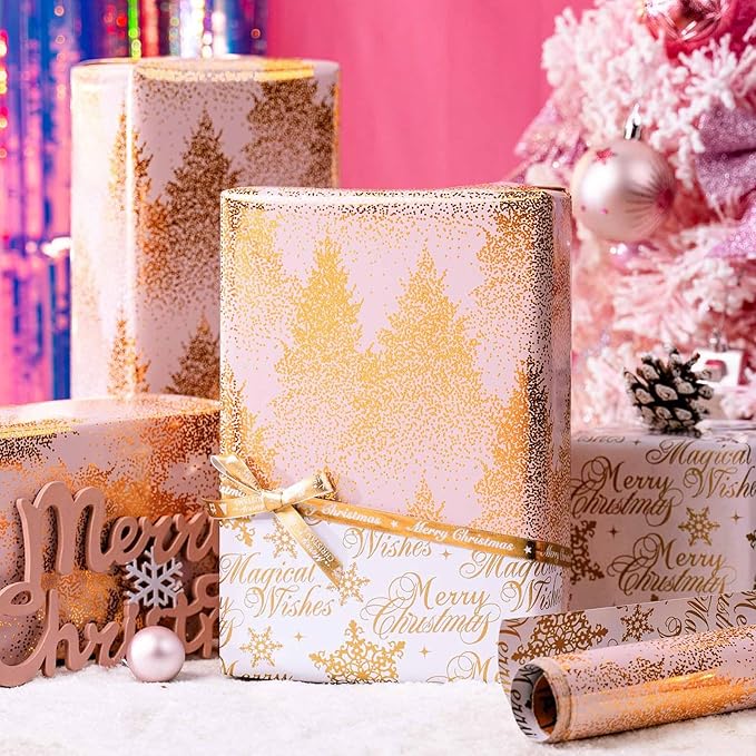 MAYPLUSS Christmas Wrapping Paper Roll, 17 Inch X 16.5 Feet Gift Wrapping Paper Featuring Gold Tree Reversible Snowflake Merry Christmas Thick Wrap Paper for Holiday Party New Year Kids