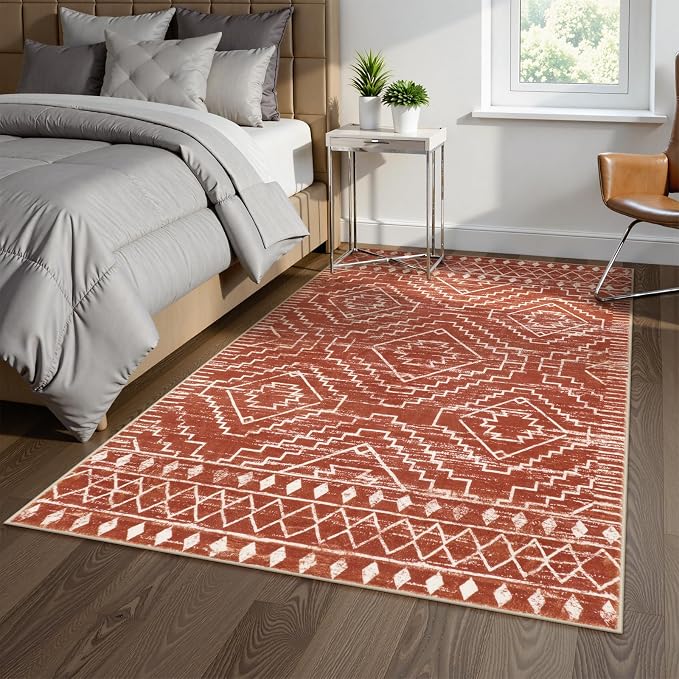 Wonnitar Moroccan 5x7 Area Rugs, Large Soft Rug for Dining Room, Washable Bohemian Tribal Living Room Bedroom Rug, Geometric Non-Shedding Indoor Carpet for Closet Nursery Entry (Brown,5'x7')