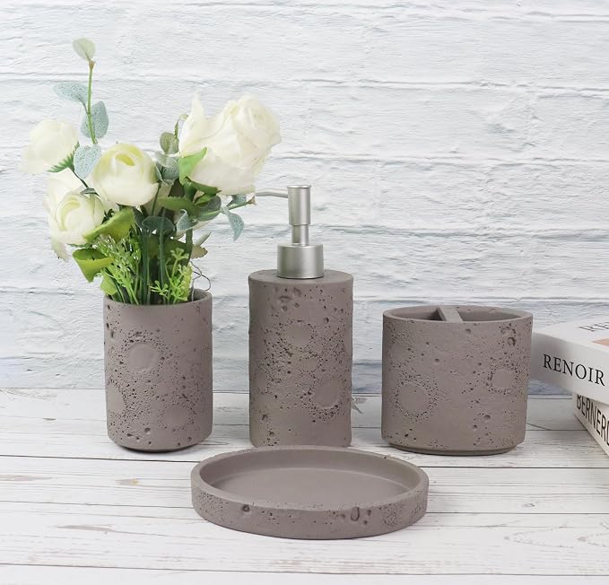 Hymmah Meteorites Bathroom Accessories Set,Farmhouse Bathroom Decor,4 Pcs Resin Gift Set Apartment Necessities, Contain Cotton Swab Jar,Soap Dispenser,Tumbler，Soap Dish/Tray