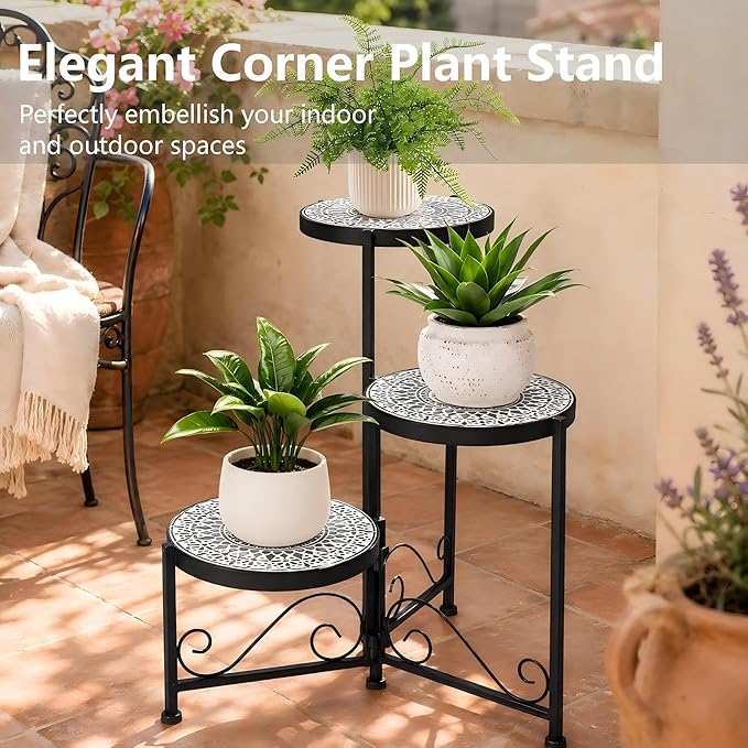 3 Tier Mosaic Plant Stand Foldable Corner Shelf for Indoor Outdoor Tall Plant Holder Display Rack for Patio Balcony Living Room Garden Decor