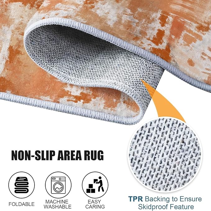 3x5 Washable Area Rug, Orange Color Retro Distressed Textured Design Non Slip Non-Shedding Rug Easy Care for Living Room Bedroom Kitchen Office Carpet