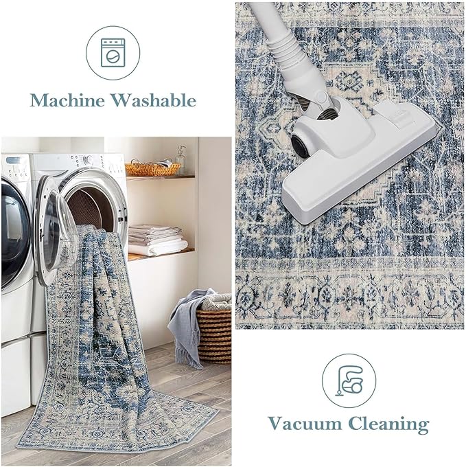 Lahome Oriental Hallway Runner Rug Non Slip, 2.5x8 Kitchen Washable Runner Soft Hallway Rug, Traditional Ultra-Thin Carpet for Bathroom Entryway ‎Laundry Room, Blue