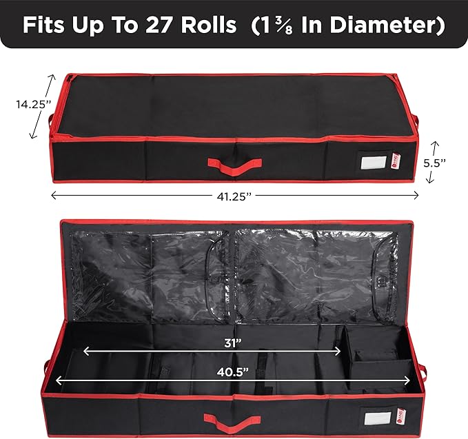 HOLDN’ STORAGE Premium Wrapping Paper Storage Container - Durable 600D Tear-Proof, Fits 27 Rolls Gift Wrap, Extra Pockets for Ribbons & Bows, Underbed Storage - Ideal for Holiday Christmas, Black