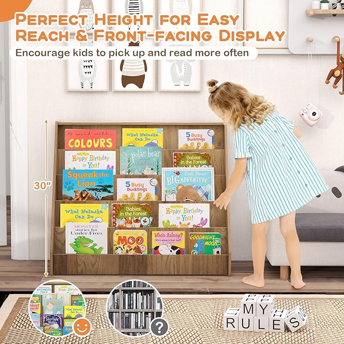 KOTEK 5-Tier Kids Bookshelf, Wooden Floor Display Shelf for Books and Magazines, Toddler Bookcase, Montessori Book Shelf for Kids Room, Daycare, Preschool, Classroom (Natural)