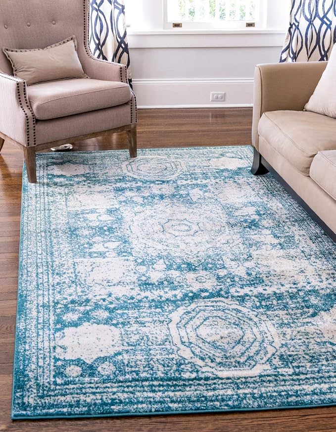 Unique Loom Bromley Collection Area Rug - Wells (8' x 11' Rectangle, Turquoise/ Ivory)