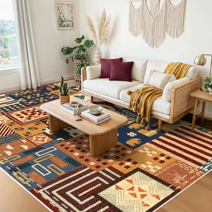 Southwestern Area Rugs for Living Room, 4x6 Boho Tribal Geometric Patchwork Colorful Carpet, Washable Non Slip Low Pile Indoor Rug for Bedroom Dining Room Office Home Hardwood Floor