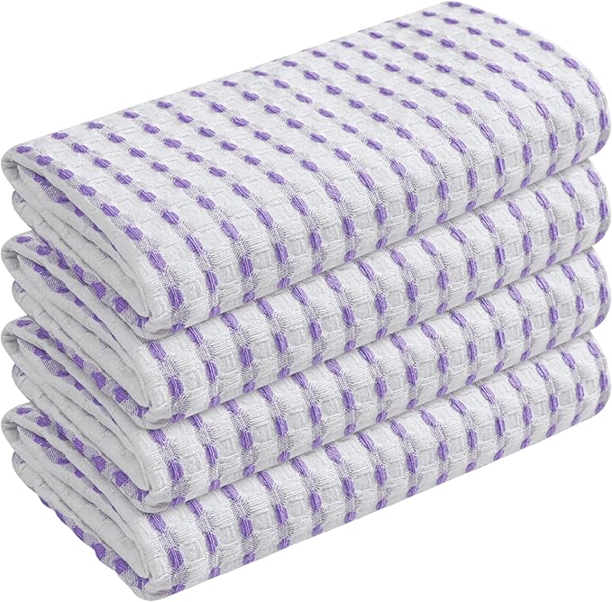 TWINY threads Waffle Weave Kitchen Towels Set of 4, Premium 100% Cotton, 16x26 Inches Dishcloths Pack, Ultra Absorbent & Quick Dry Wash Rags for Home Kitchens, Lavender, White