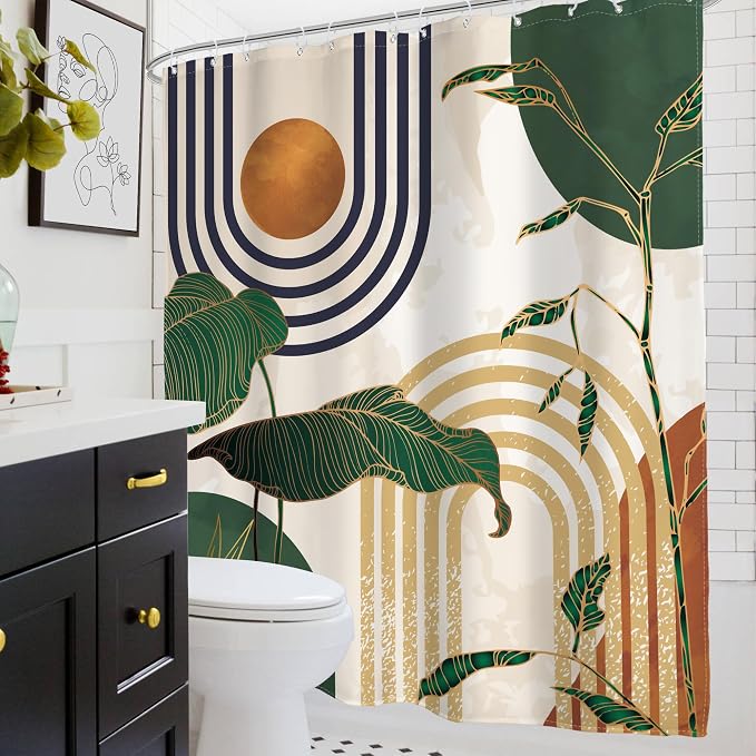 Glawry Abstract Mid Century Shower Curtain Green Retro Boho Tropical Palm Tree Sun Arch Bathroom Modern Minimalist Aesthetic 72Wx72L Inches Bath Accessories Art Home Decor Fabric 12 Pack Hooks
