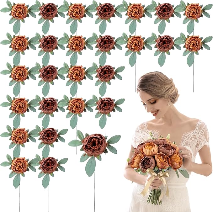 Zeyune 50Pcs Wedding Artificial Peonies 4 Inch Fake Silk Peony Faux Artificial Valentine Flower Bulk Rose Flower Head for Valentine Decoration Vintage Wedding Home Office(Brown and Orange)