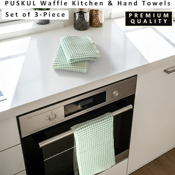 PÜSKÜL Natural 100% Turkish Cotton Waffle Kitchen Towels Set of 3 | Oeko-Tex, Premium Waffle Hand Towels for Bathroom | Soft Absorbent Quick-Dry Lint-Free Dish Towel Large 32x16 inch (3, Ice Green)