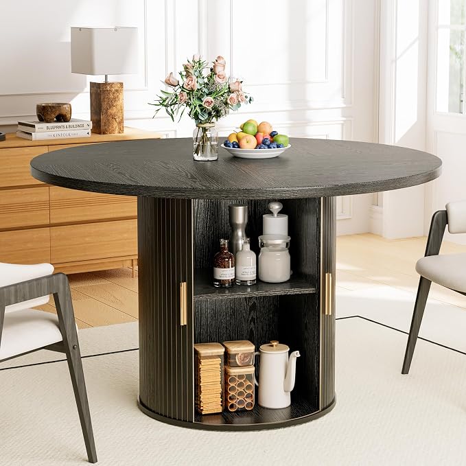 47" Round Dining Table for 4-6, Space-Saving Dining Room Table with Core Rolling Shutter Storage Shelf and Thick Tabletop, Wood Grain Dinner Table for Kitchen, Dining Room, Living Room, Black