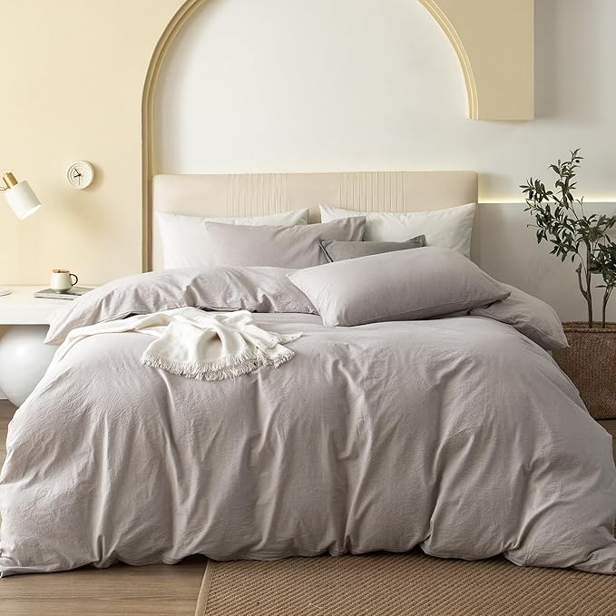 JIYUAN 100% Washed Cotton Duvet Cover Set 3 Pieces Super Queen, 1 Duvet Cover 90x98 Inches(Comforter Not Included) and 2 Pillowcases,Linen Feel Bedding Set Comfy and Breathable, Heathered Linen
