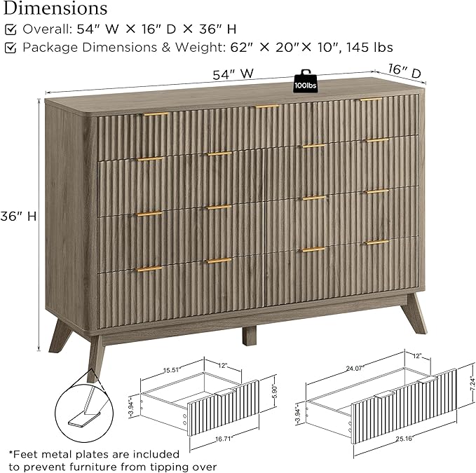 T4TREAM Fluted 9 Drawer Dresser, Modern Chest of Drawers, Curved Profile Design, Dresser TV Stand, Wood Drawer Organizer for Bedroom, Living Room, Hallway, Grey Alder