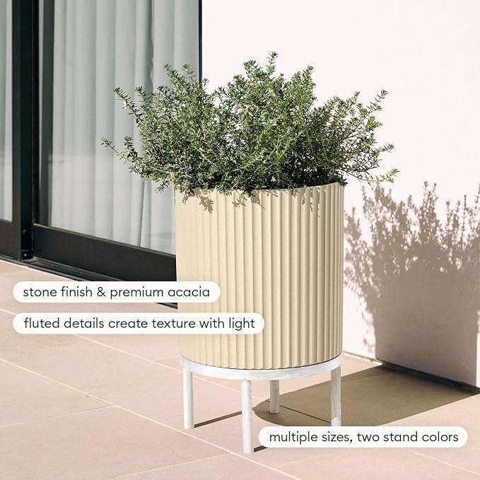 Veradek Demi Series Round Planter w/Stand for Porch/Patio | Durable Plastic-Stone Composite & Wooden Stand | Modern Décor for Tall Plants, Flowers