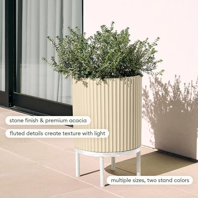 Veradek Demi Series Round Planter w/Stand for Porch/Patio | Durable Plastic-Stone Composite & Wooden Stand | Modern Décor for Tall Plants, Flowers