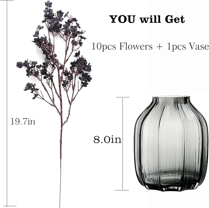 JAKY-Global Babys Breath Silk Artificial Flowers Bulk with Vase 10pcs for Fall Decor Fake Flower Bouquet Bulk for Home Kitchen Indoor Bouquet Floral Arrangement Table Centerpieces Party Decor(Black)