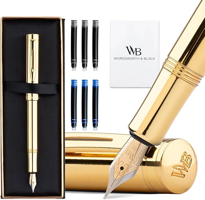Wordsworth and Black Fountain Pen Mini EDC: Luxury Gold Heavy Pocket Pen, Gold Finish, Medium Nib, 6 Ink Cartridges, Ink Converter, Travel Refillable Writing Pen Gift Set, Men & Women