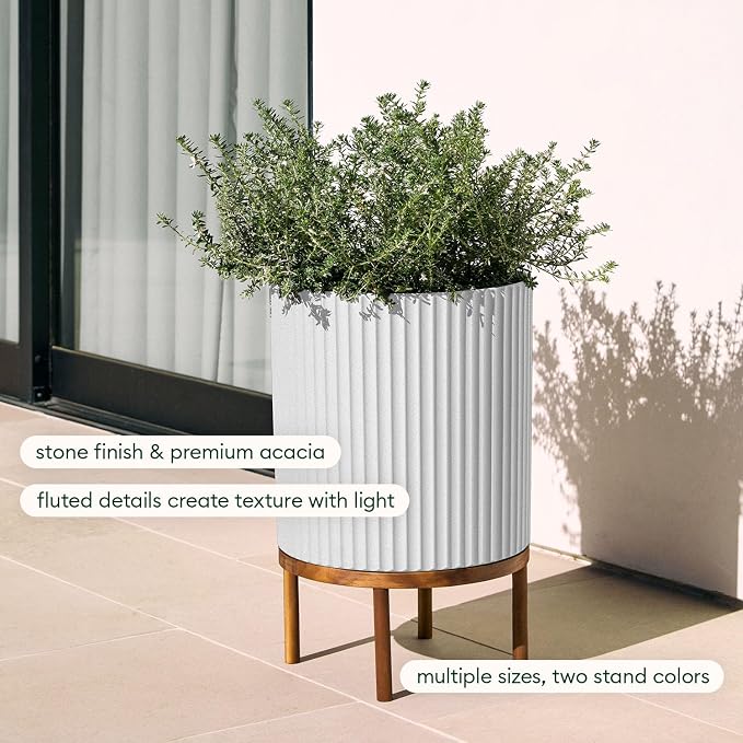 Veradek Demi 16 in. Raised with Stand Round White Plastic Planter with Brown Stand DMSTV16WBR